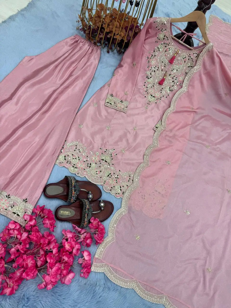 Heavy Chinon Silk Embroidered Palazzo Set with Dupatta