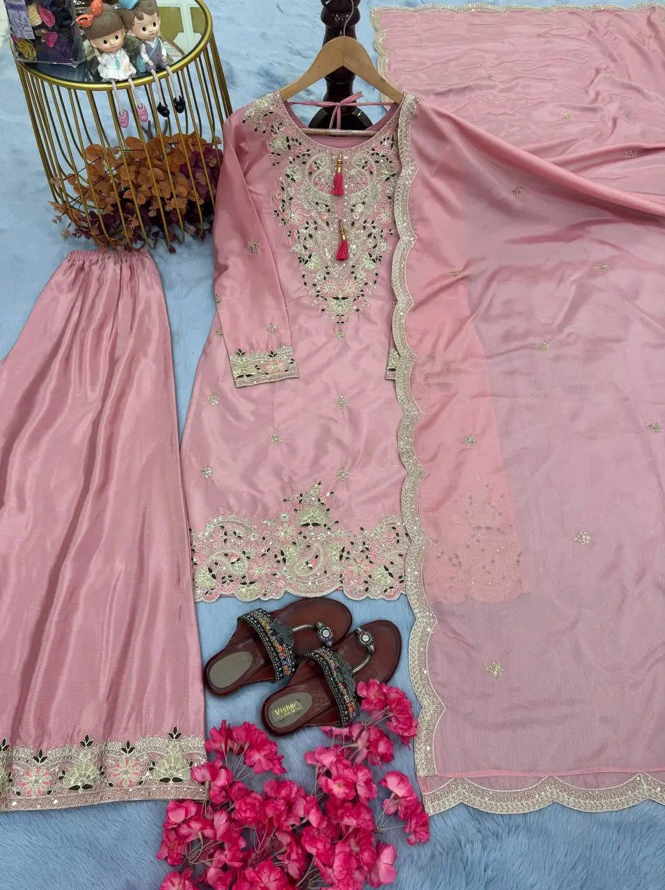 Heavy Chinon Silk Embroidered Palazzo Set with Dupatta