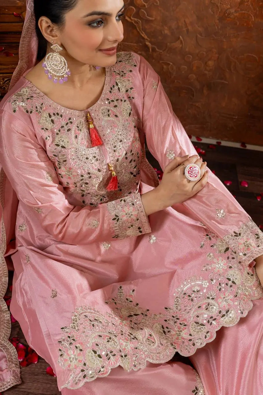 Heavy Chinon Silk Embroidered Palazzo Set with Dupatta