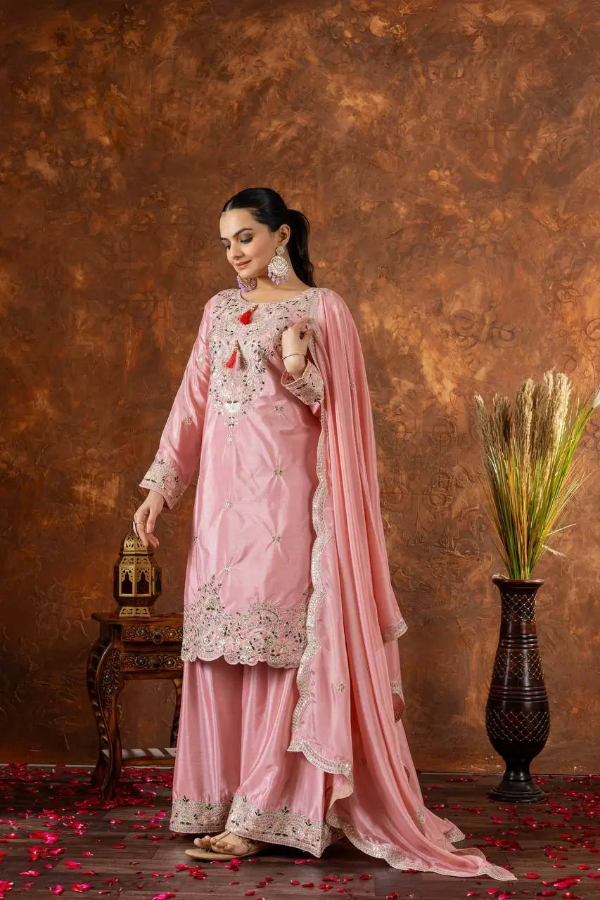 Heavy Chinon Silk Embroidered Palazzo Set with Dupatta