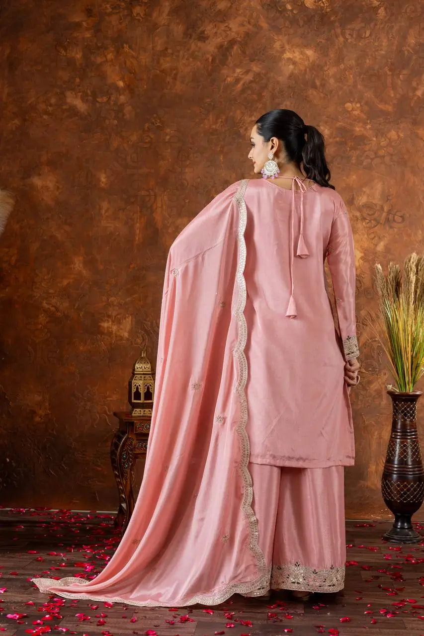 Heavy Chinon Silk Embroidered Palazzo Set with Dupatta
