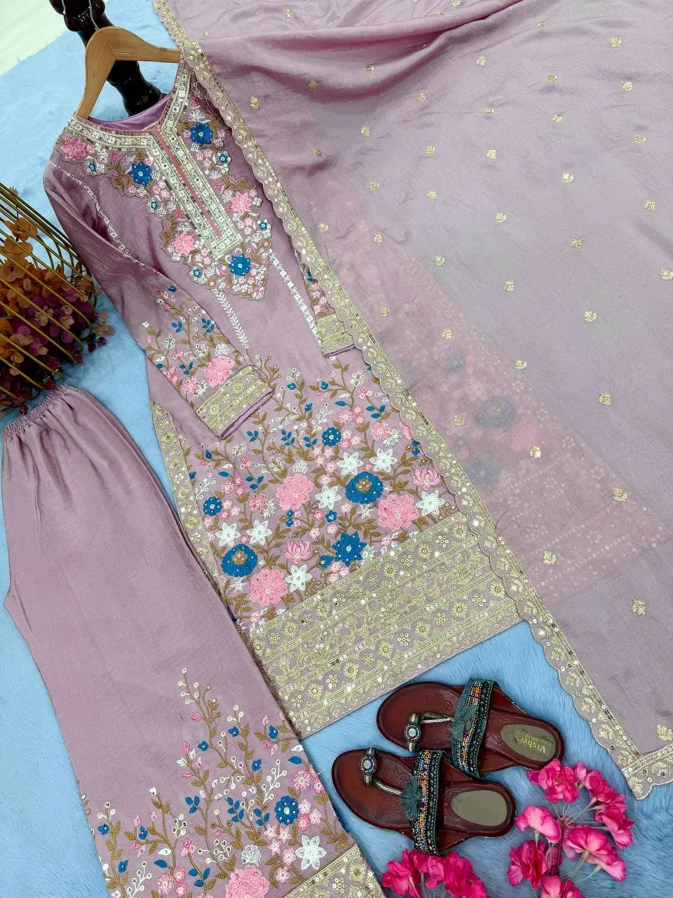 Heavy Chinon Silk Embroidered Palazzo Suit Set with Diamond Hand Work