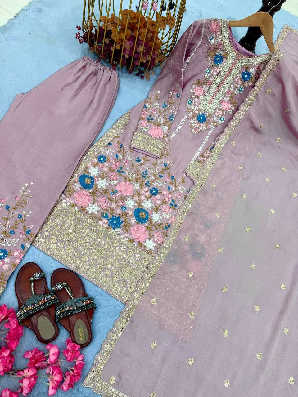 Heavy Chinon Silk Embroidered Palazzo Suit Set with Diamond Hand Work