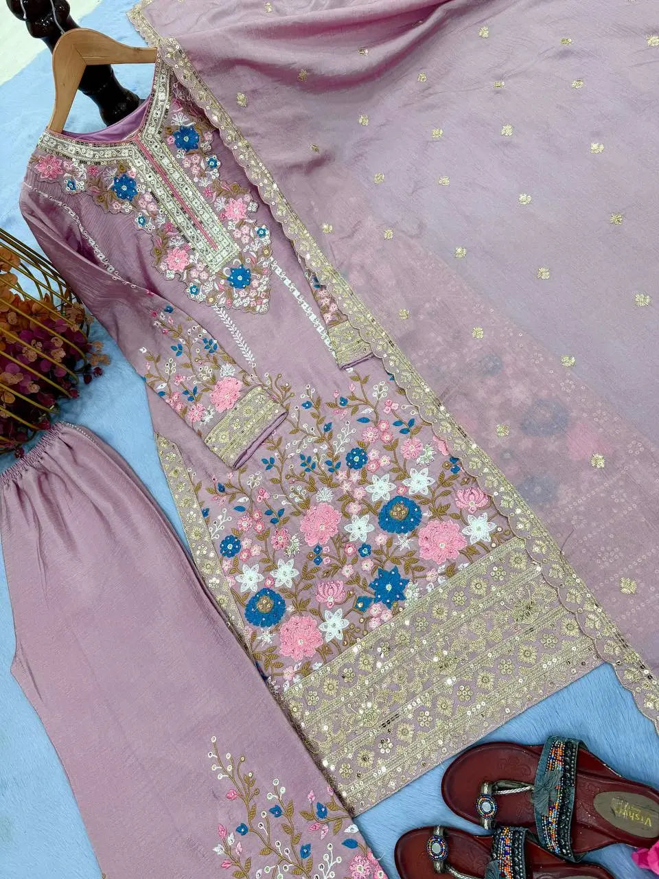 Heavy Chinon Silk Embroidered Palazzo Suit Set with Diamond Hand Work