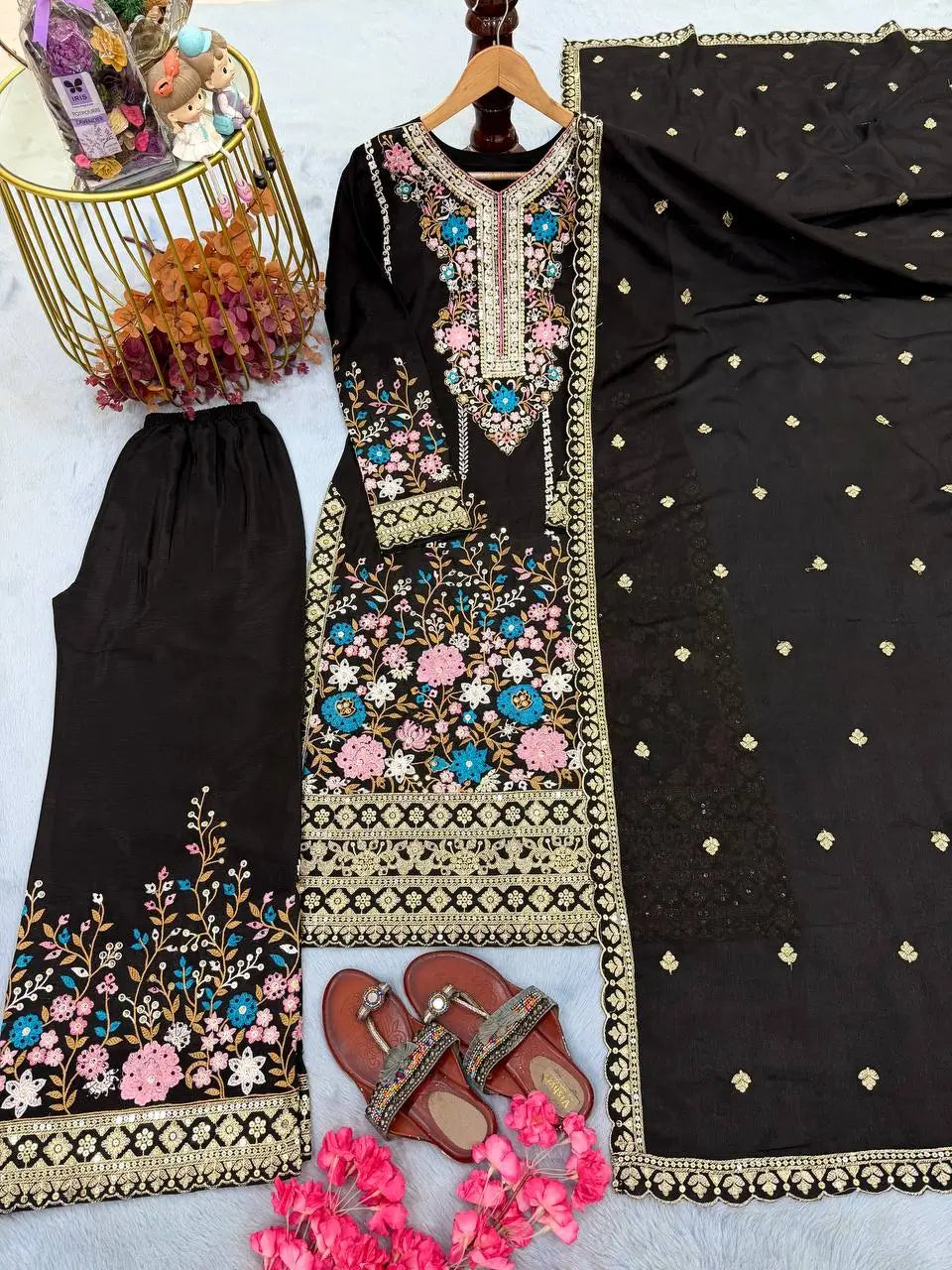 Heavy Chinon Silk Embroidered Palazzo Suit Set with Diamond Hand Work