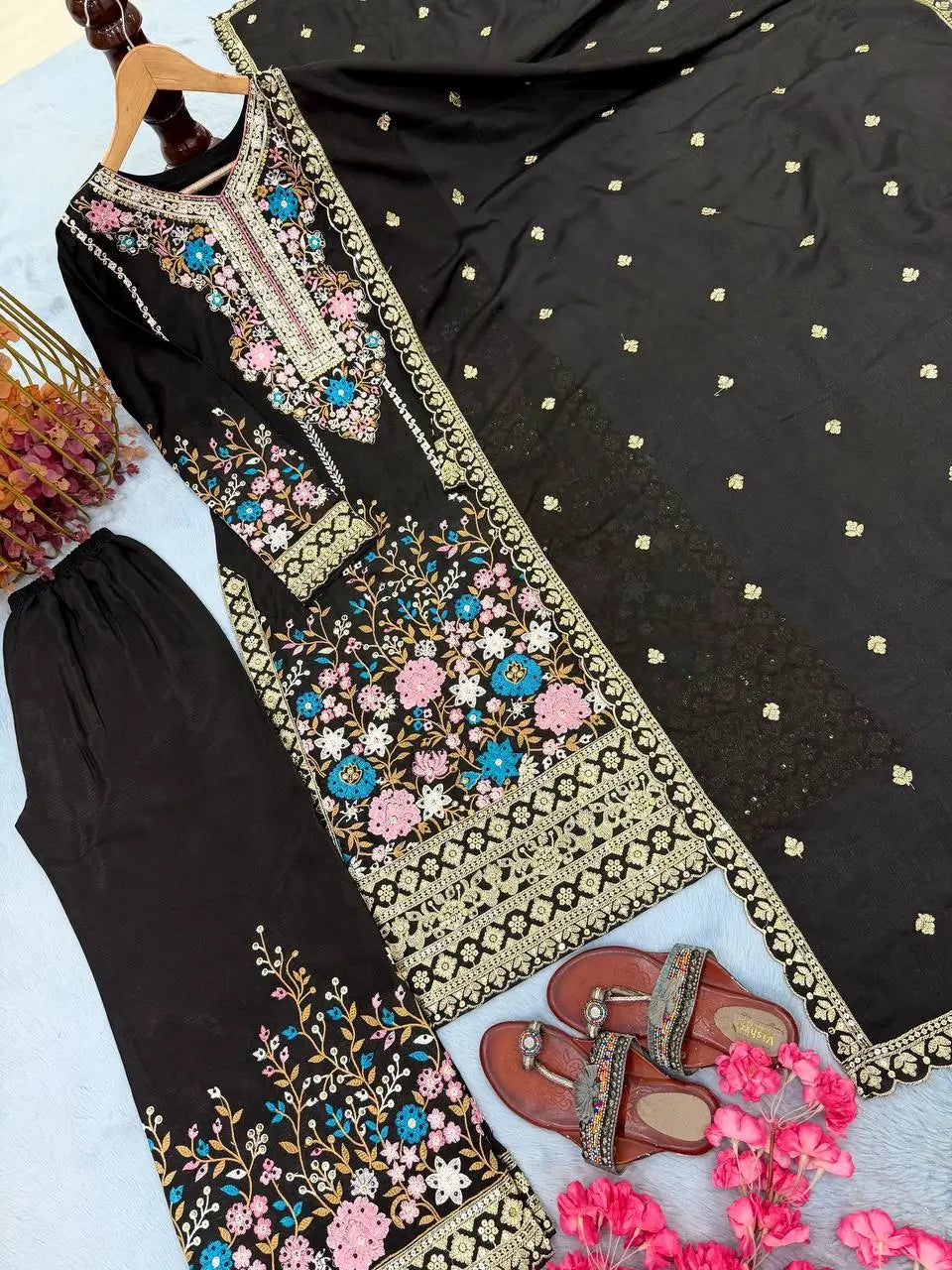 Heavy Chinon Silk Embroidered Palazzo Suit Set with Diamond Hand Work