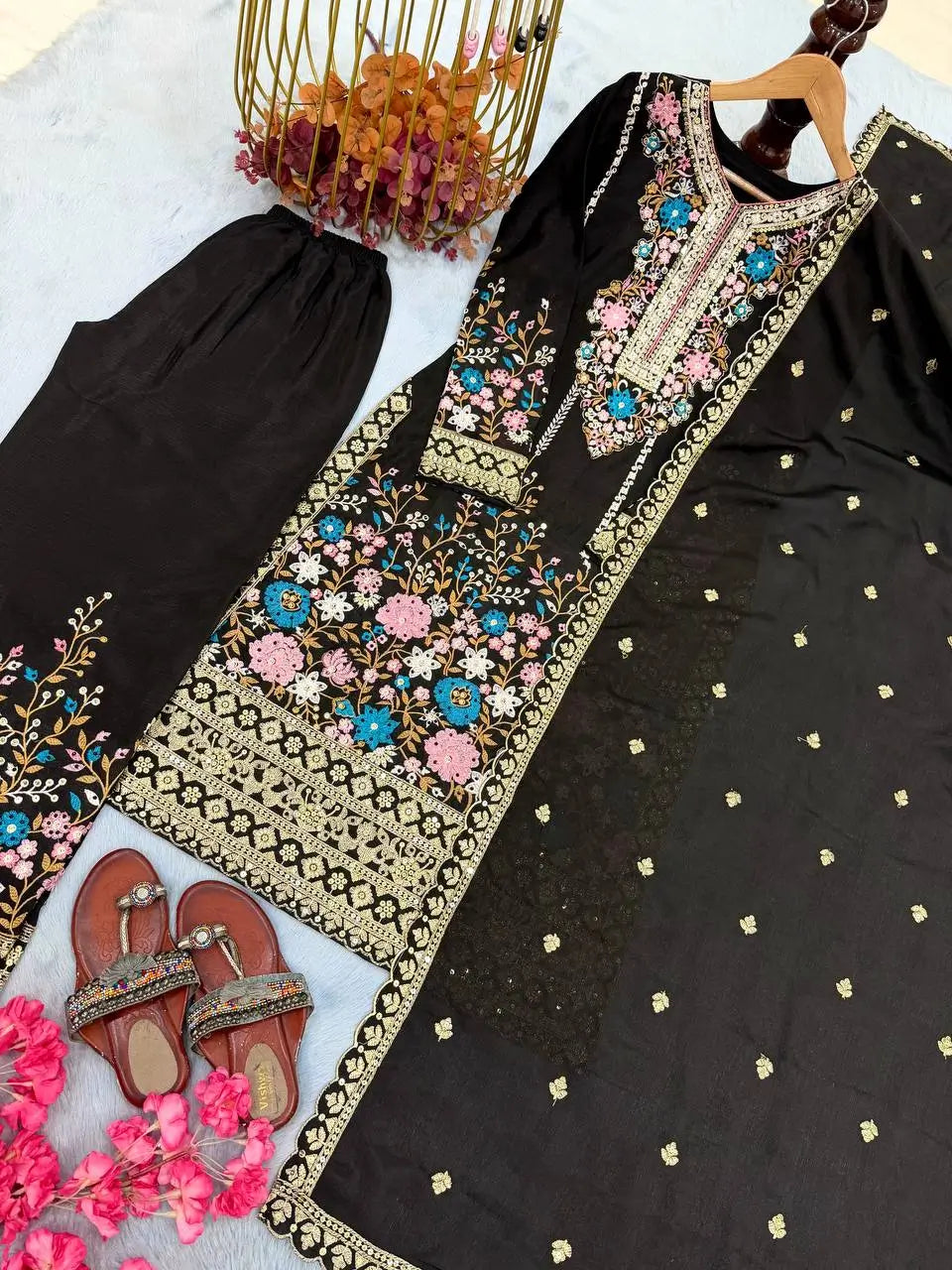 Heavy Chinon Silk Embroidered Palazzo Suit Set with Diamond Hand Work