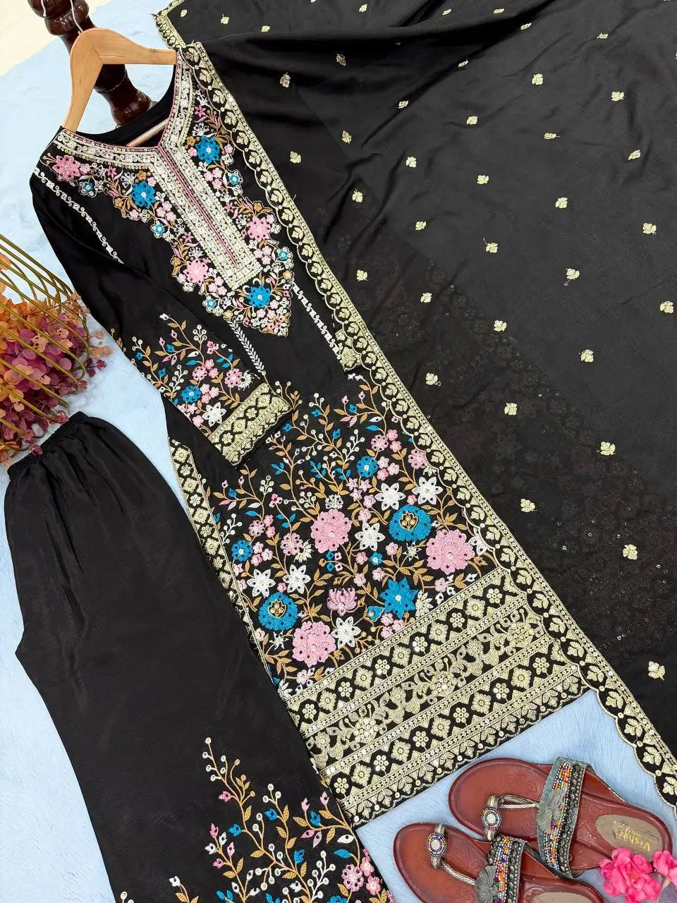 Heavy Chinon Silk Embroidered Palazzo Suit Set with Diamond Hand Work