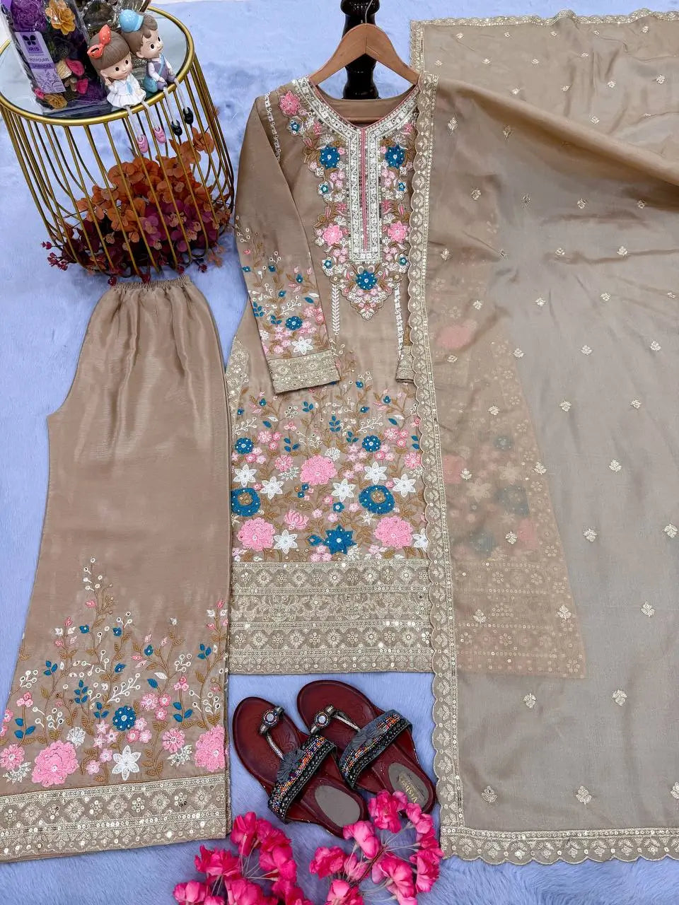 Heavy Chinon Silk Embroidered Palazzo Suit Set with Diamond Hand Work