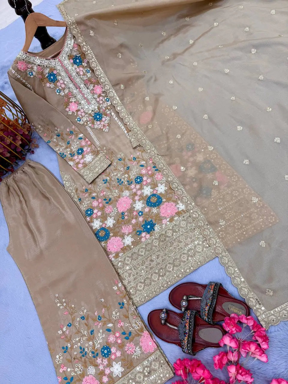 Heavy Chinon Silk Embroidered Palazzo Suit Set with Diamond Hand Work