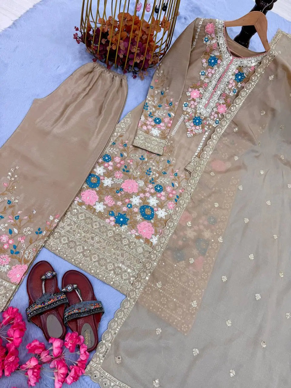 Heavy Chinon Silk Embroidered Palazzo Suit Set with Diamond Hand Work