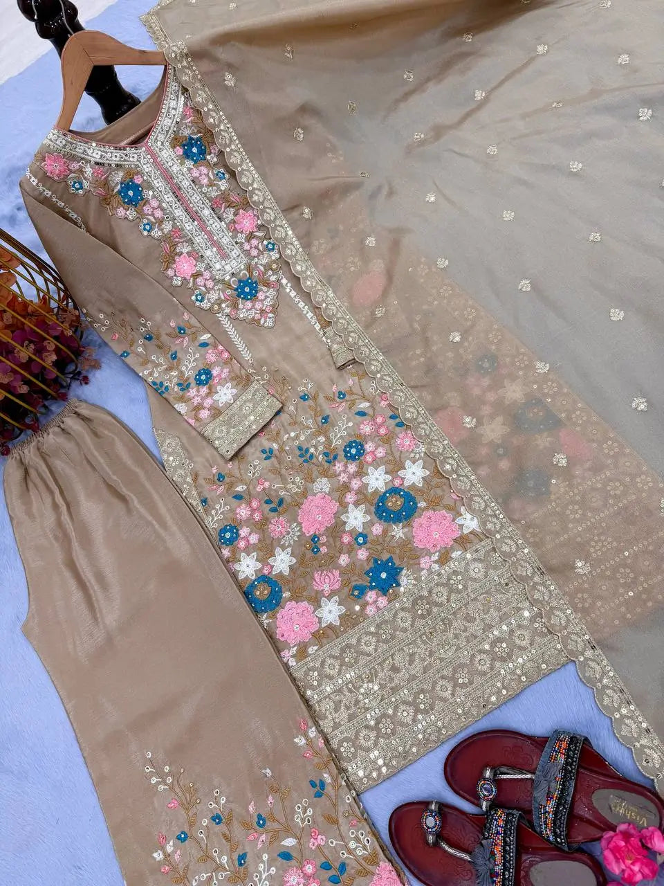 Heavy Chinon Silk Embroidered Palazzo Suit Set with Diamond Hand Work