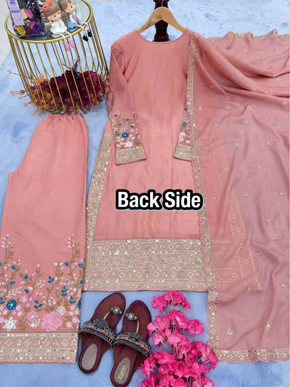 Heavy Chinon Silk Embroidered Palazzo Suit Set with Diamond Hand Work