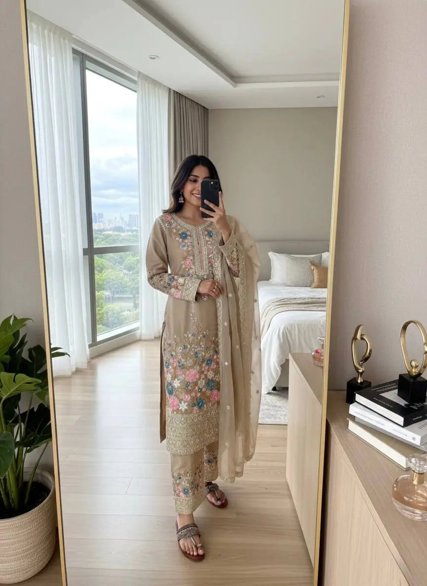 Heavy Chinon Silk Embroidered Palazzo Suit Set with Diamond Hand Work