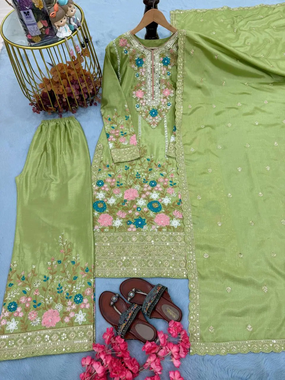 Heavy Chinon Silk Embroidered Palazzo Suit Set with Diamond Hand Work