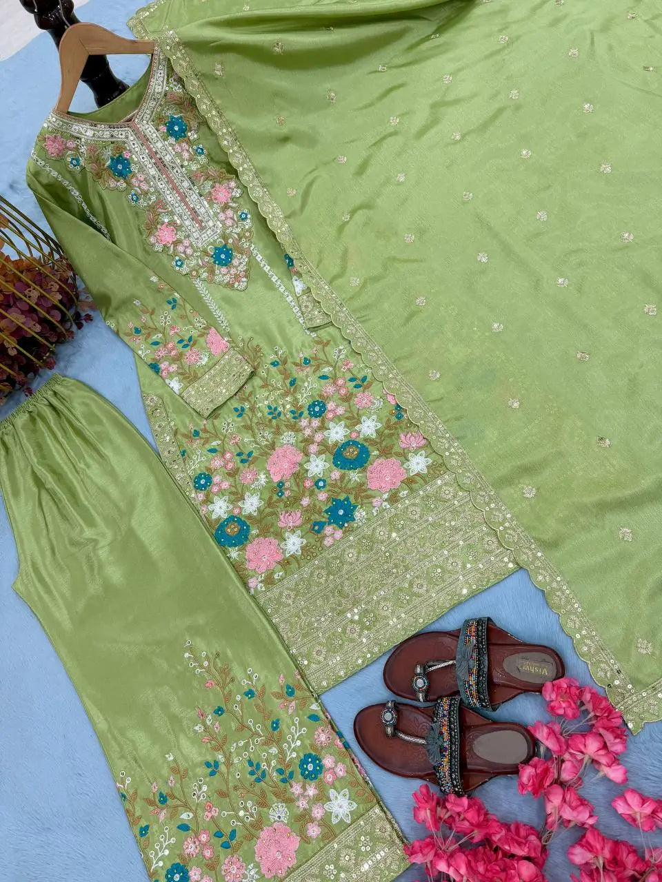 Heavy Chinon Silk Embroidered Palazzo Suit Set with Diamond Hand Work