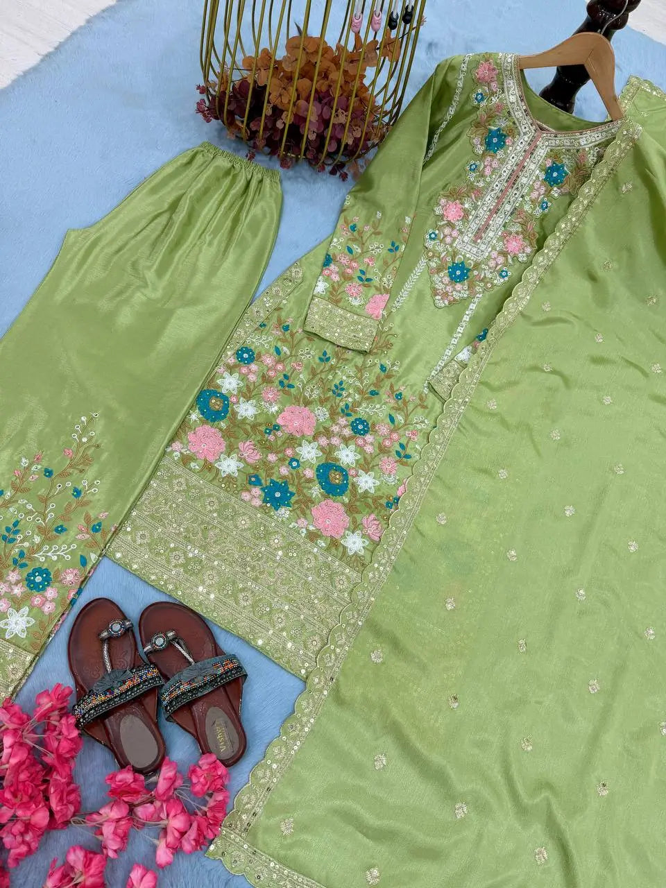 Heavy Chinon Silk Embroidered Palazzo Suit Set with Diamond Hand Work