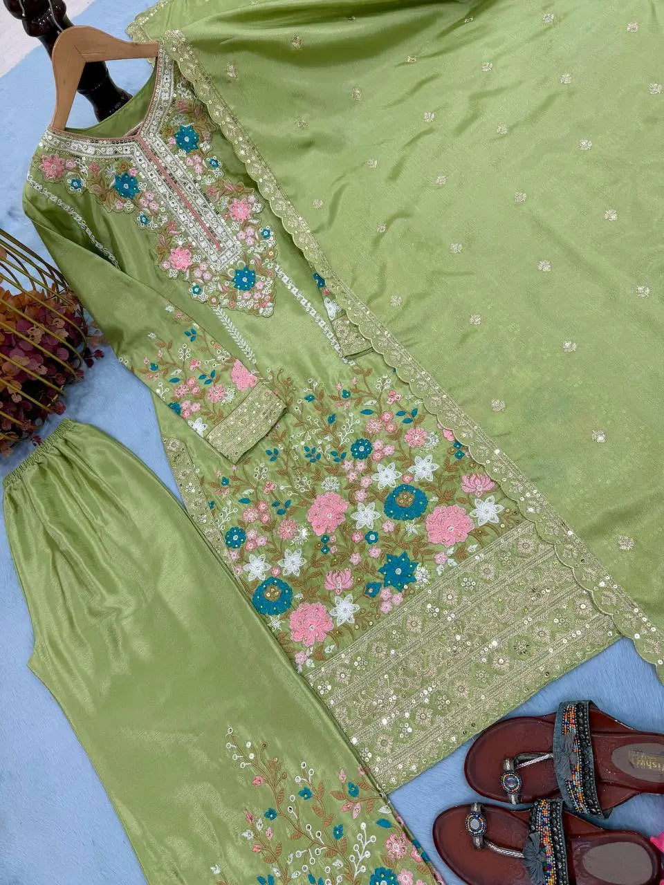 Heavy Chinon Silk Embroidered Palazzo Suit Set with Diamond Hand Work