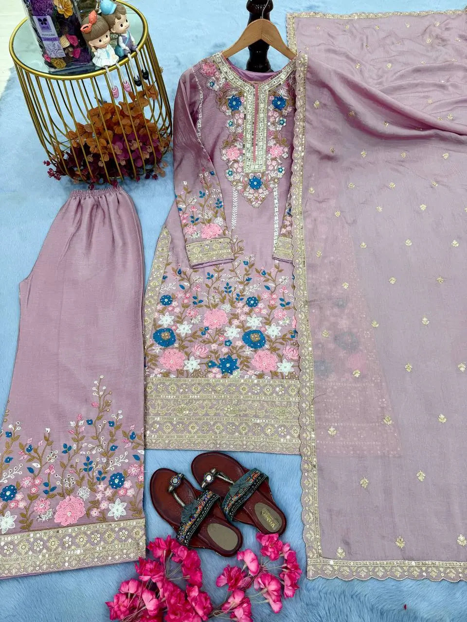 Heavy Chinon Silk Embroidered Palazzo Suit Set with Diamond Hand Work