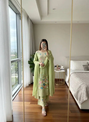 Heavy Chinon Silk Embroidered Palazzo Suit Set with Diamond Hand Work