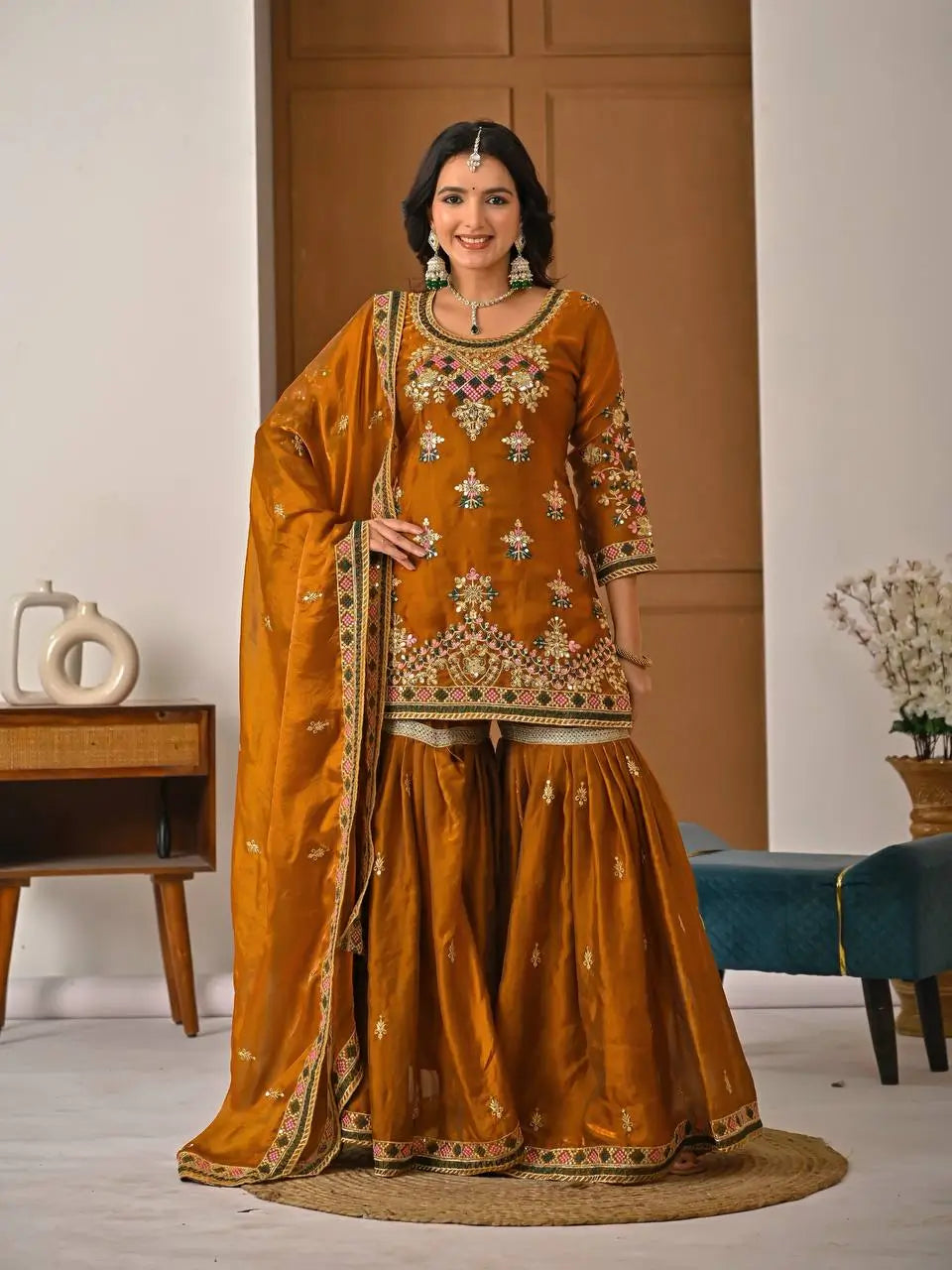Heavy Fandy Silk Embroidered Top Sharara Palazzo Set with Dupatta