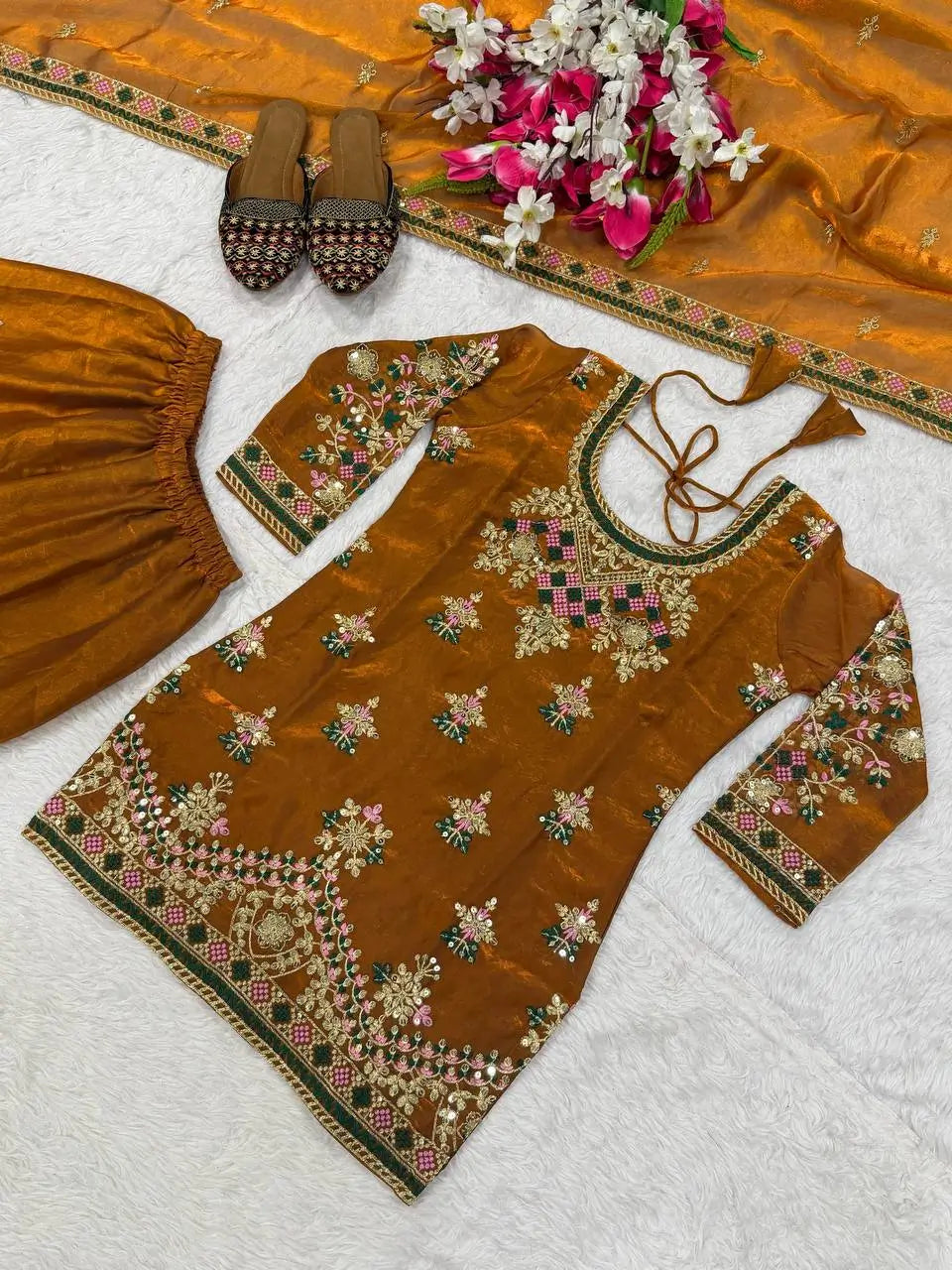 Heavy Fandy Silk Embroidered Top Sharara Palazzo Set with Dupatta