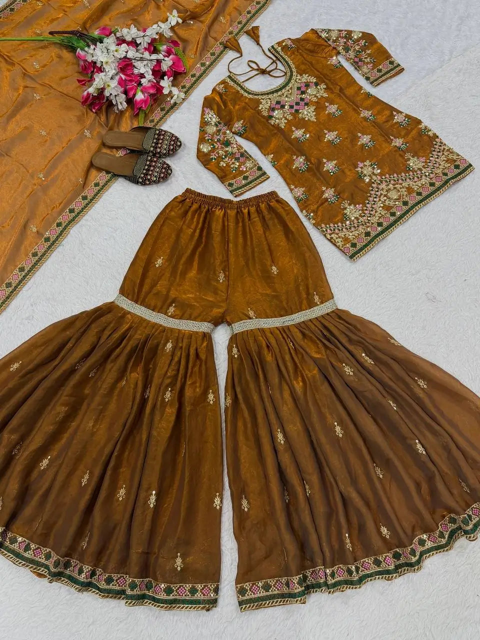 Heavy Fandy Silk Embroidered Top Sharara Palazzo Set with Dupatta