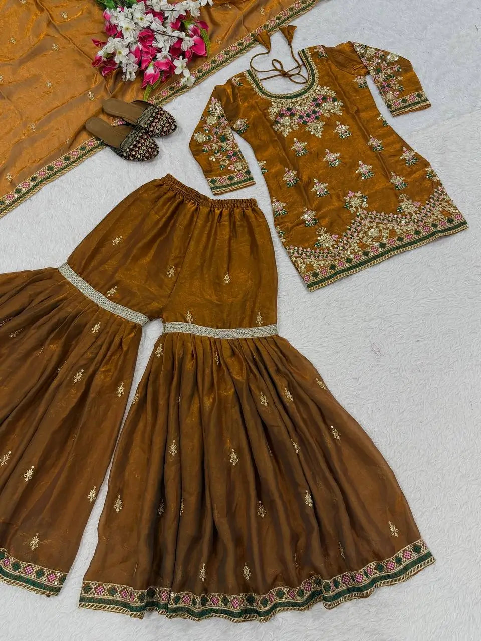 Heavy Fandy Silk Embroidered Top Sharara Palazzo Set with Dupatta