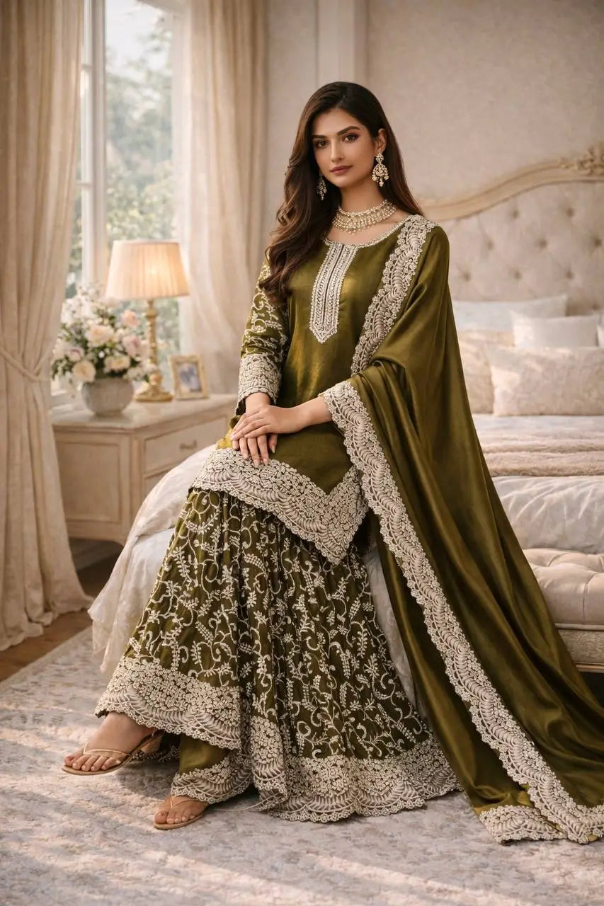 Heavy Fandy Silk Embroidered Top Sharara Palazzo Set with Dupatta