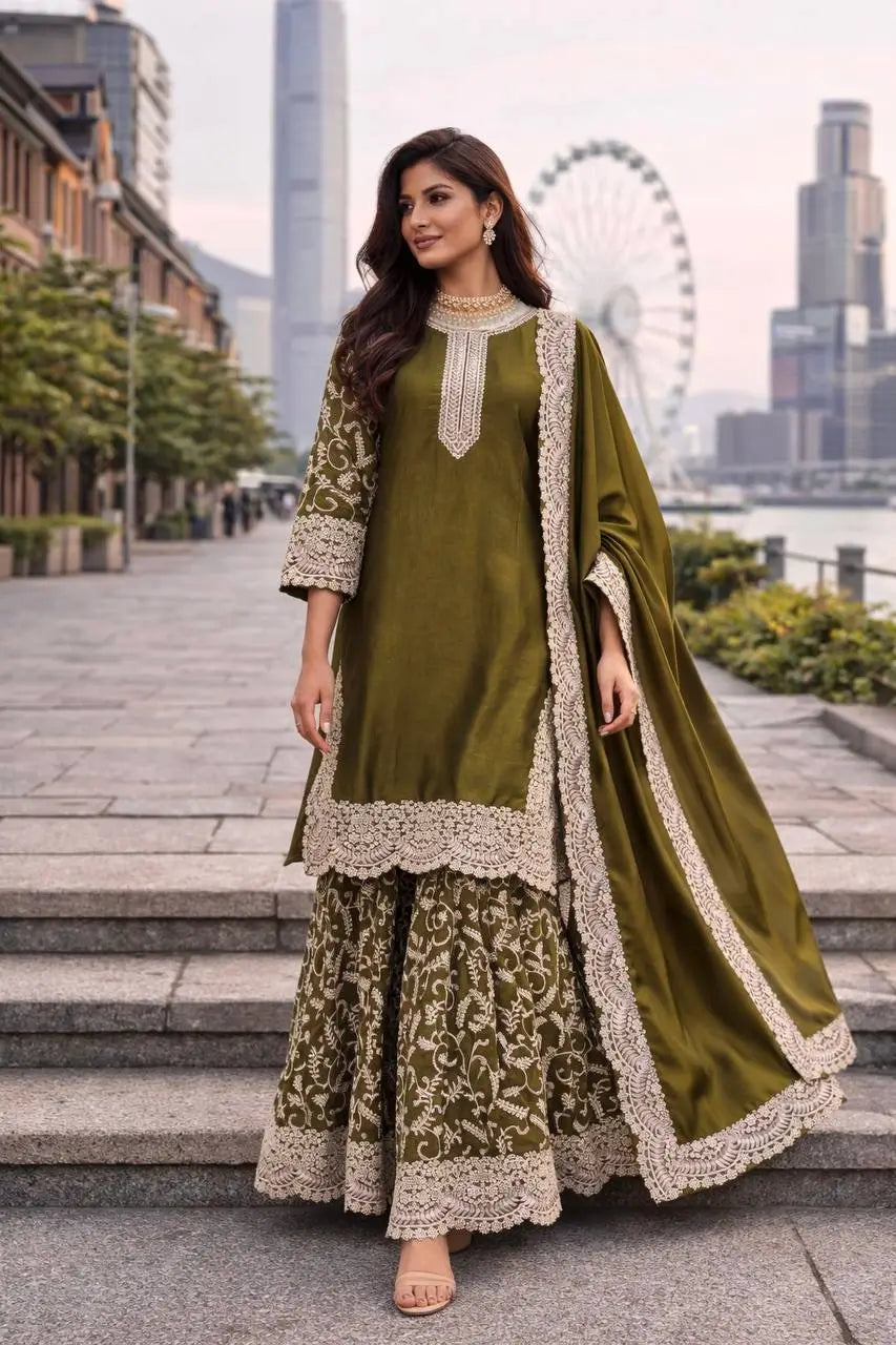 Heavy Fandy Silk Embroidered Top Sharara Palazzo Set with Dupatta