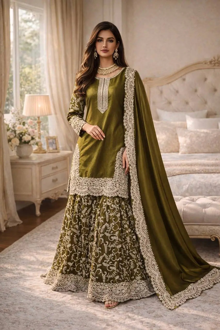 Heavy Fandy Silk Embroidered Top Sharara Palazzo Set with Dupatta