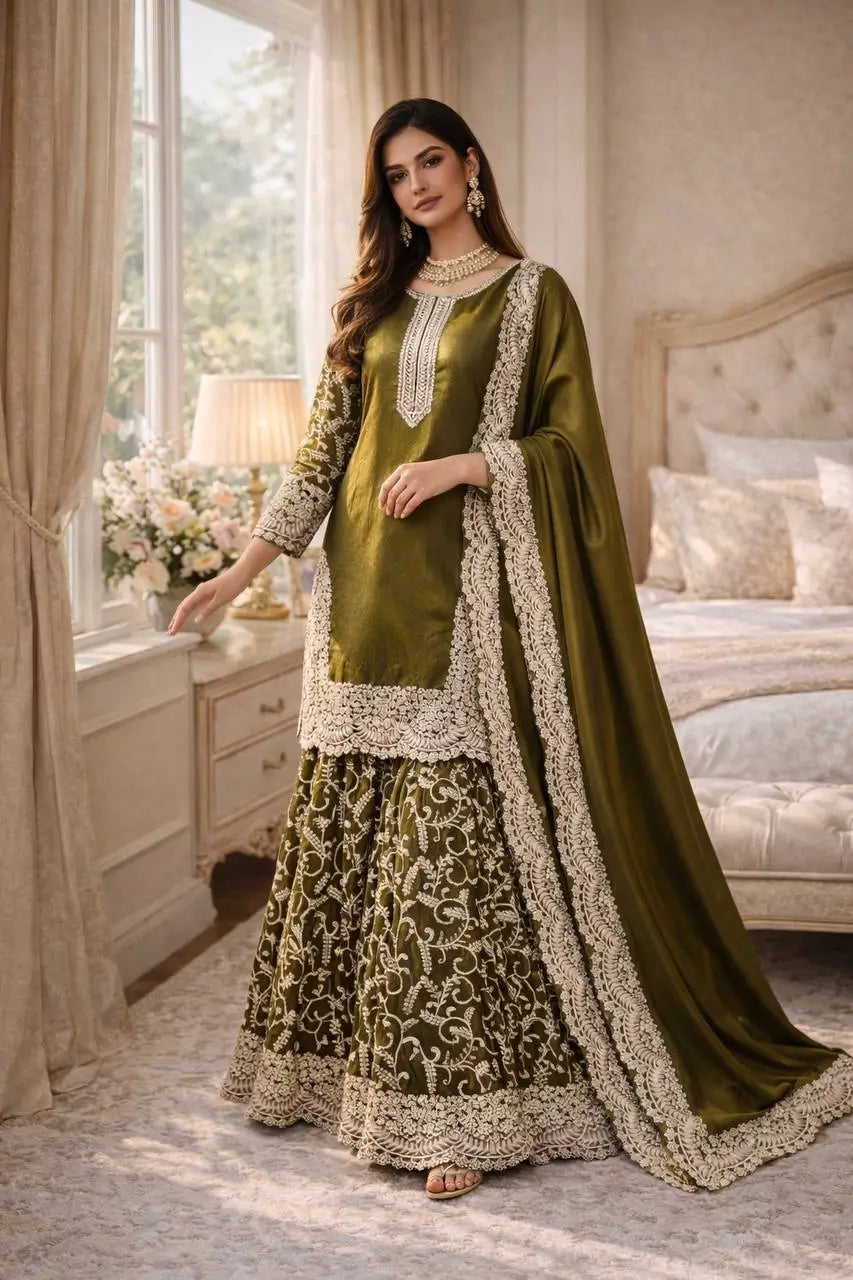 Heavy Fandy Silk Embroidered Top Sharara Palazzo Set with Dupatta