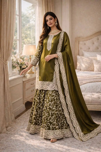Heavy Fandy Silk Embroidered Top Sharara Palazzo Set with Dupatta