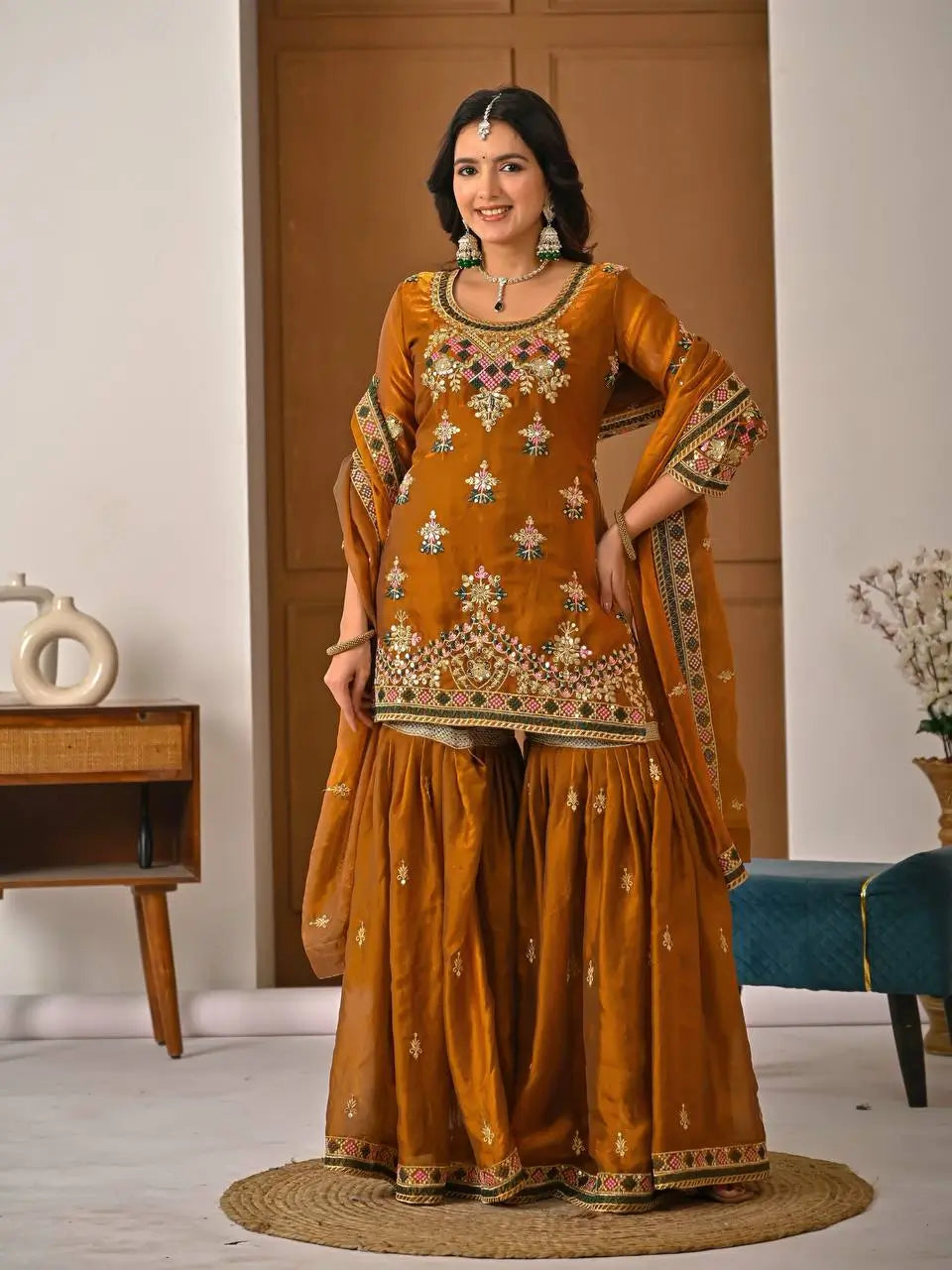 Heavy Fandy Silk Embroidered Top Sharara Palazzo Set with Dupatta