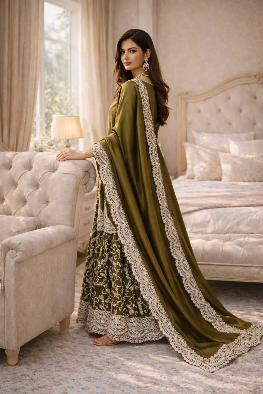 Heavy Fandy Silk Embroidered Top Sharara Palazzo Set with Dupatta