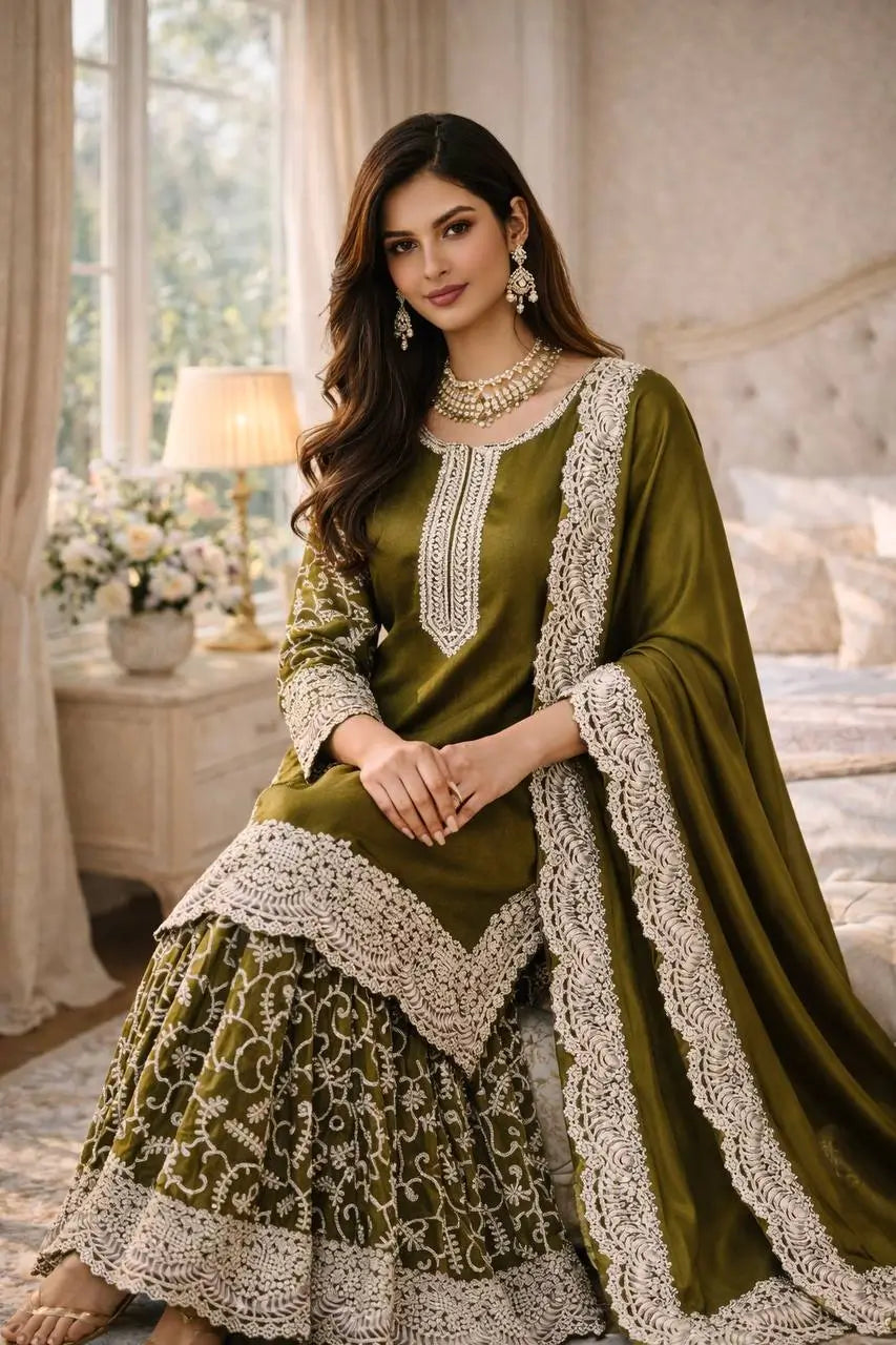 Heavy Fandy Silk Embroidered Top Sharara Palazzo Set with Dupatta