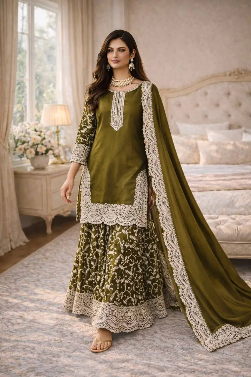 Heavy Fandy Silk Embroidered Top Sharara Palazzo Set with Dupatta