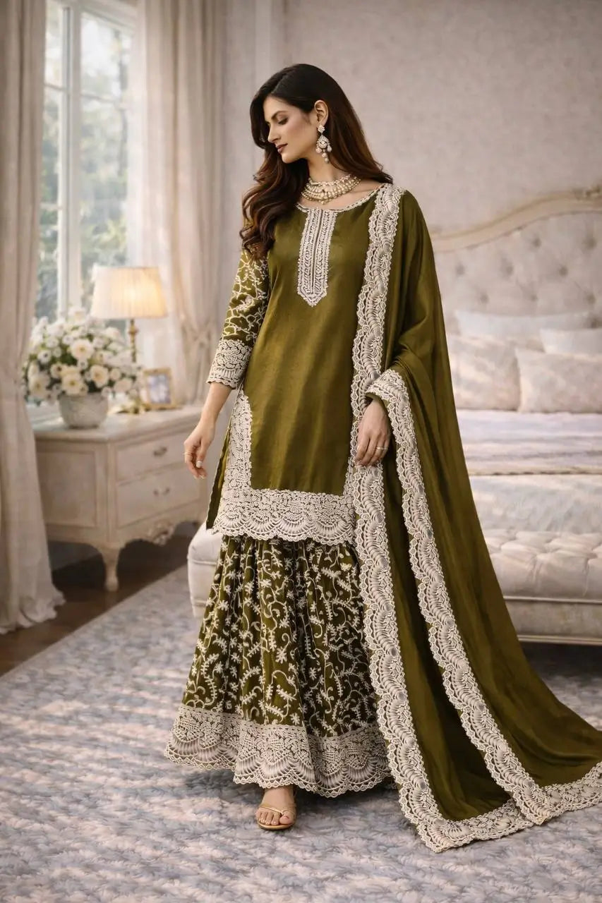 Heavy Fandy Silk Embroidered Top Sharara Palazzo Set with Dupatta