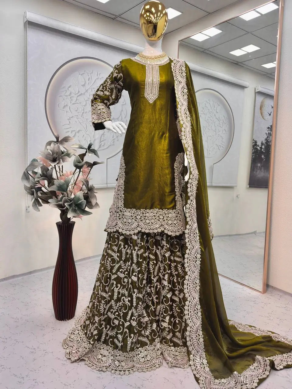 Heavy Fandy Silk Embroidered Top Sharara Palazzo Set with Dupatta