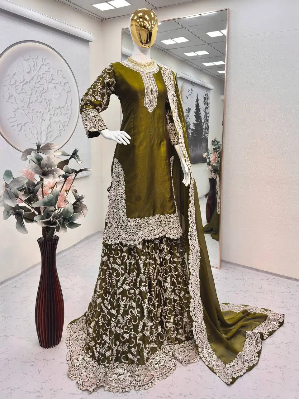 Heavy Fandy Silk Embroidered Top Sharara Palazzo Set with Dupatta