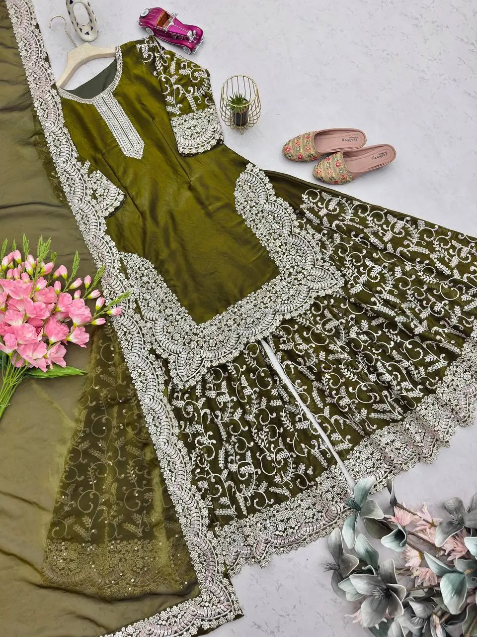Heavy Fandy Silk Embroidered Top Sharara Palazzo Set with Dupatta