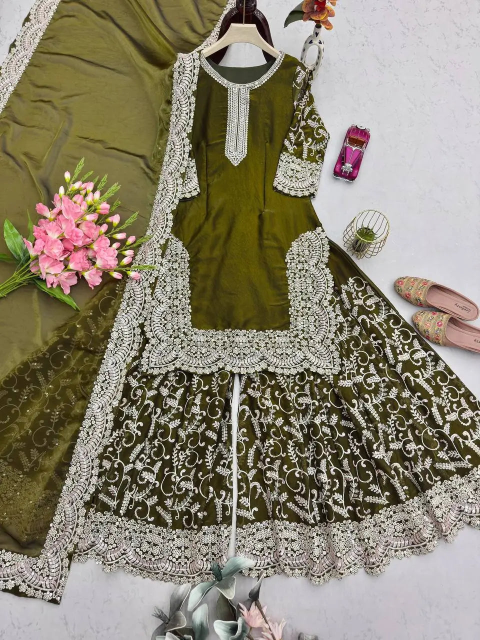 Heavy Fandy Silk Embroidered Top Sharara Palazzo Set with Dupatta