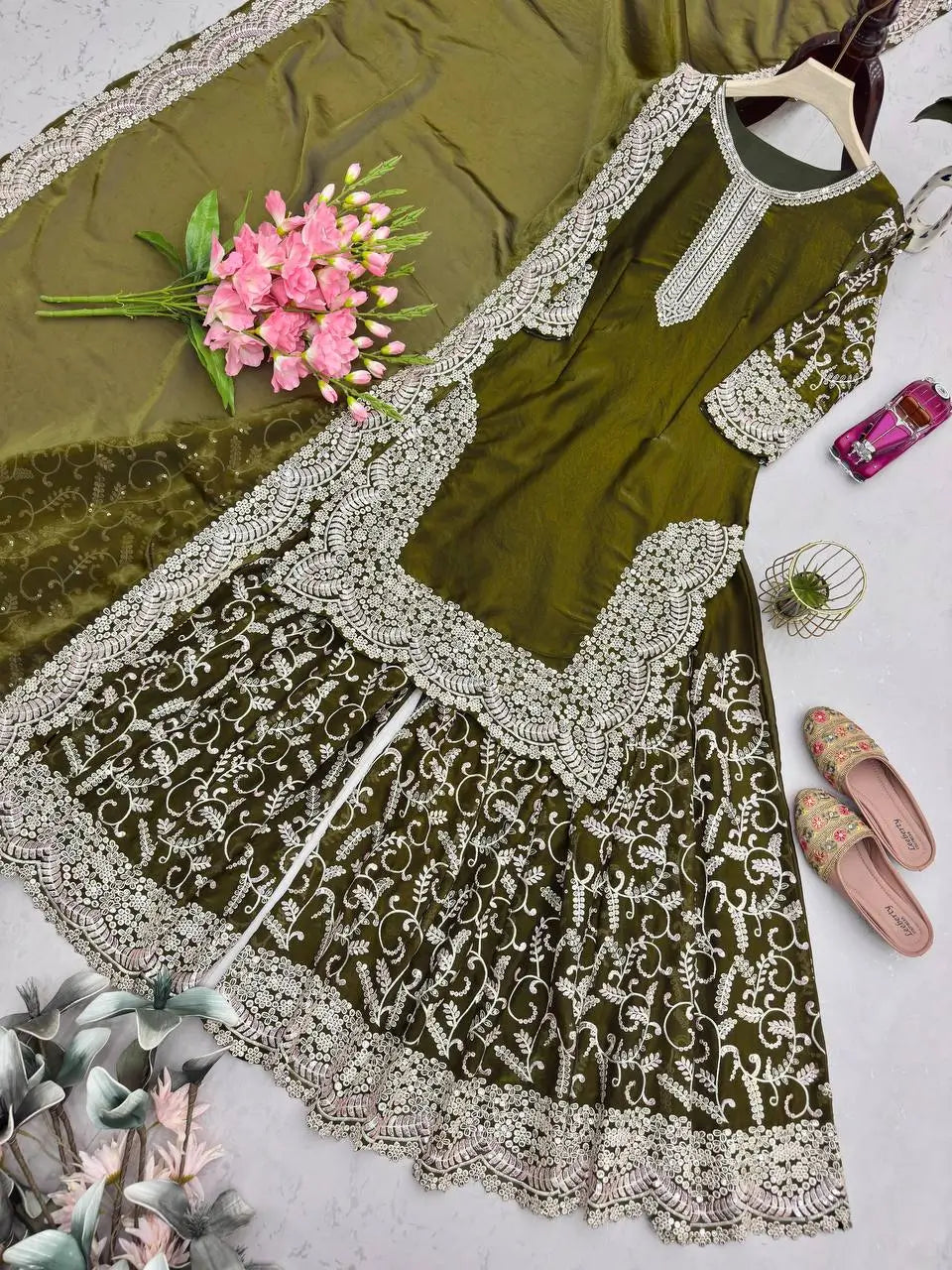 Heavy Fandy Silk Embroidered Top Sharara Palazzo Set with Dupatta