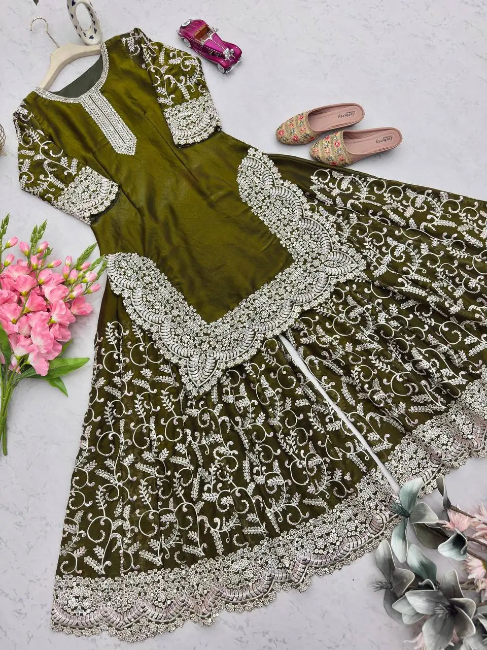 Heavy Fandy Silk Embroidered Top Sharara Palazzo Set with Dupatta