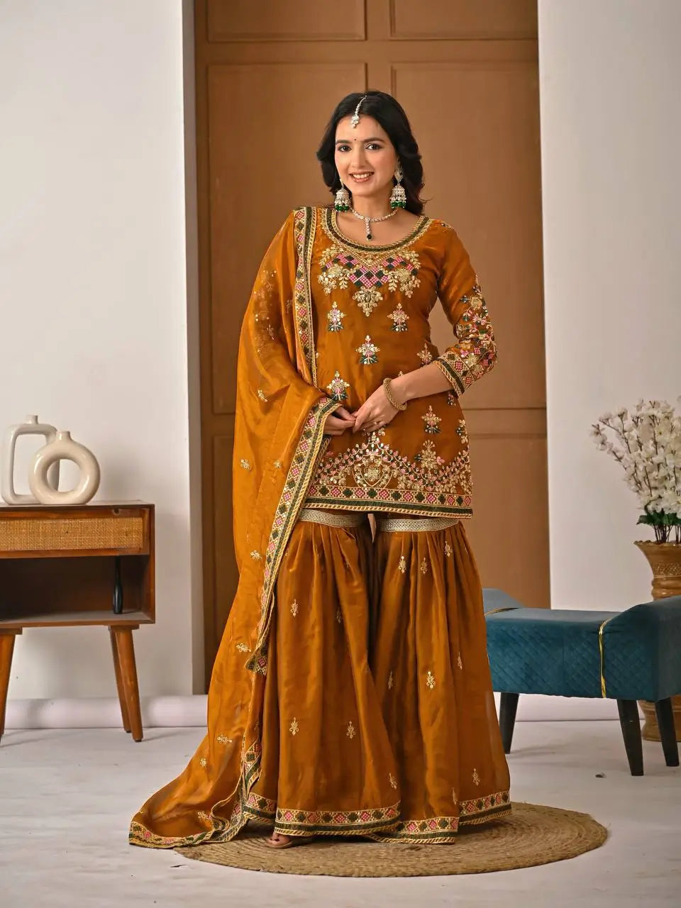 Heavy Fandy Silk Embroidered Top Sharara Palazzo Set with Dupatta