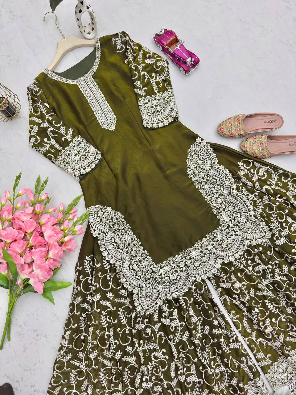 Heavy Fandy Silk Embroidered Top Sharara Palazzo Set with Dupatta