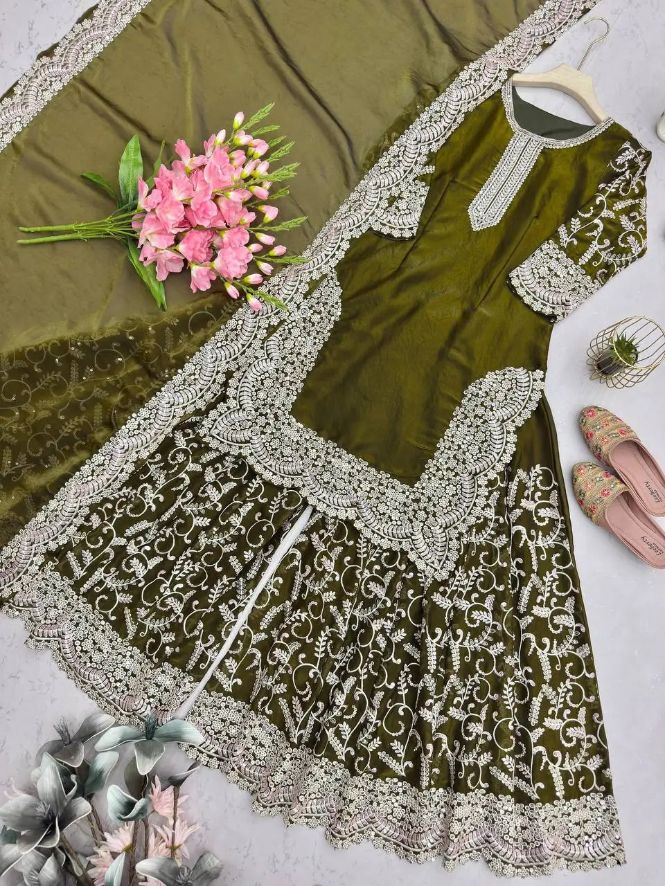 Heavy Fandy Silk Embroidered Top Sharara Palazzo Set with Dupatta