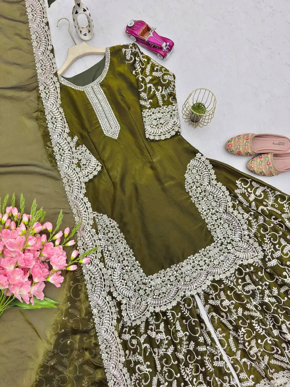 Heavy Fandy Silk Embroidered Top Sharara Palazzo Set with Dupatta