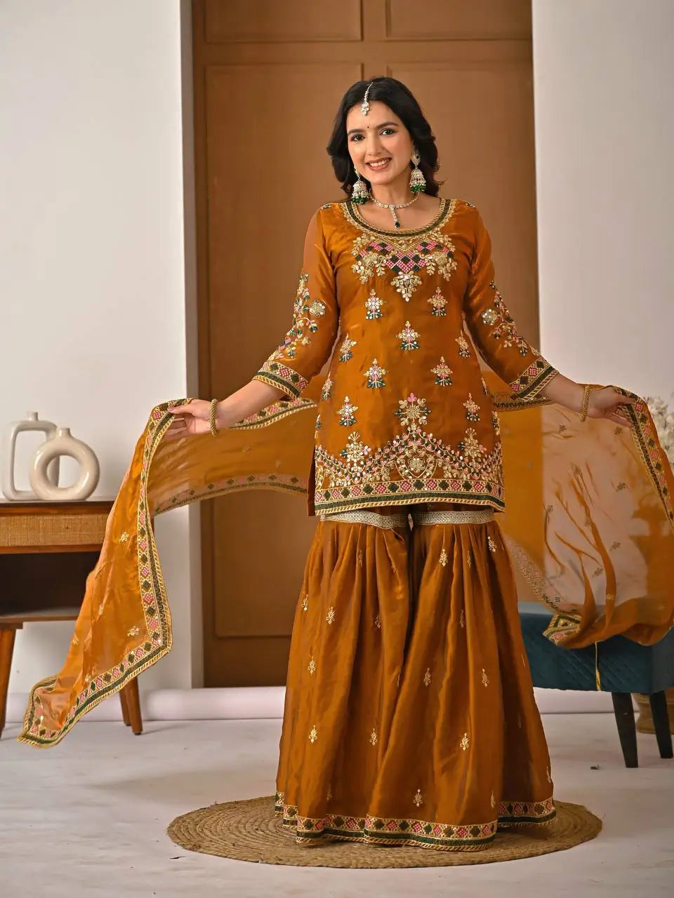 Heavy Fandy Silk Embroidered Top Sharara Palazzo Set with Dupatta