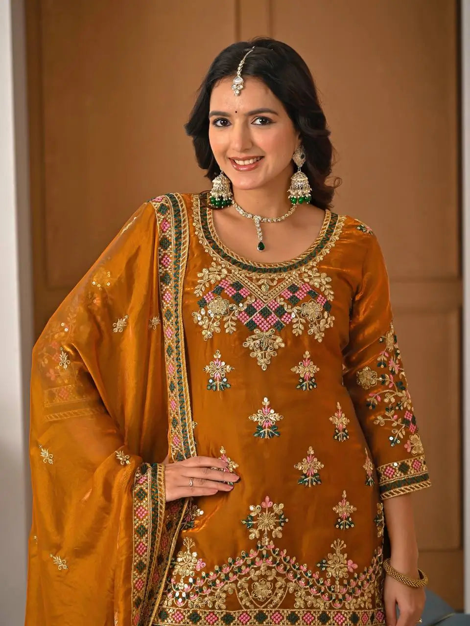 Heavy Fandy Silk Embroidered Top Sharara Palazzo Set with Dupatta